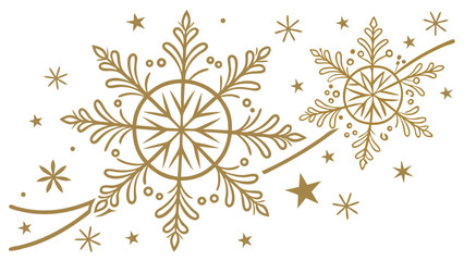 Elegant gold snowflake and star design with swirling lines on a white background