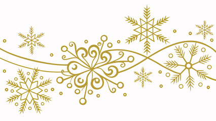 Elegant gold snowflake and swirl border design on a clean white background for winter holidays