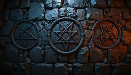 Three pentagrams and heptagrams on a stone wall in a dark mysterious setting