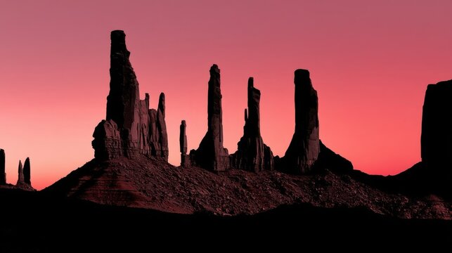 Towering dark spires of Inyo rocks stand against a vibrant sunset sky,