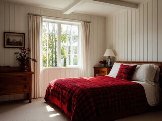 A cozy bedroom with a red plaid comforter, natural light streaming through a large window, and wooden furniture.