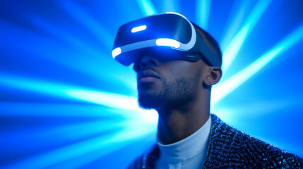 Stylish man in a striped blazer using a VR headset in a futuristic blue-lit environment.