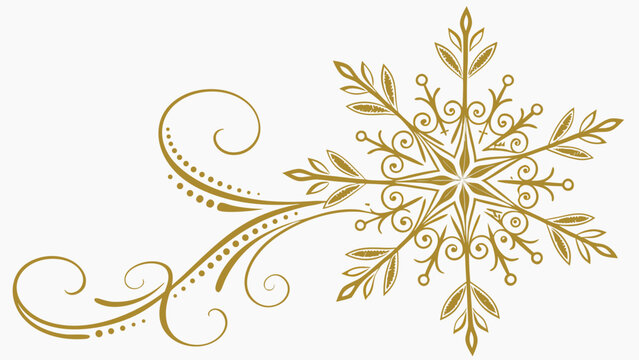 Elegant gold snowflake swirl flourish with decorative ornate filigree and leaf accents