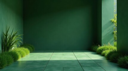 Serene Green Room with Lush Greenery and Sunlit Tiles