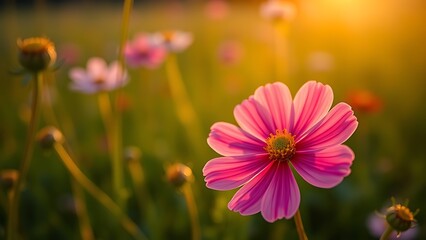 A vibrant cosmos flower blooming in a sunlit green field, radiating natural beauty and tranquility.