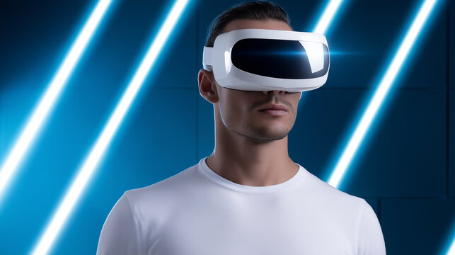 Stylish man in a striped blazer using a VR headset in a futuristic blue-lit environment. - Powered by Adobe