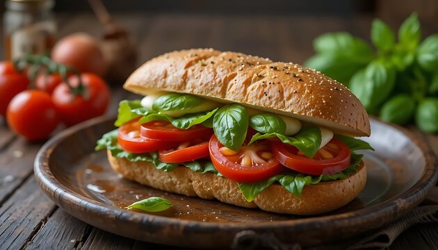 Fresh caprese sandwich with tomatoes mozzarella and basil on a wooden plate table