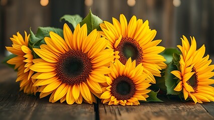 Fototapeta premium Rustic close-up of sunflower arrangement on a wooden surface with warm natural light.