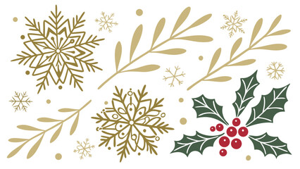 Festive christmas pattern with gold snowflakes olive branches and red holly berries on a white background