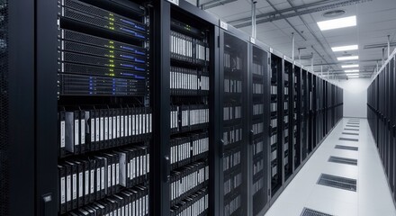 Data center interior with rows of server racks and advanced network infrastructure