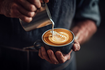Expert hand crafting intricate foam art in a fresh coffee.