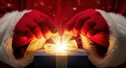 santa's hands opening magical gift box with glowing light