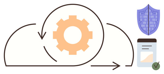Gear within cloud depicting workflow automation, shield symbolizing data security, and a verified document. Ideal for cloud computing, automation, security, digital transformation, data protection