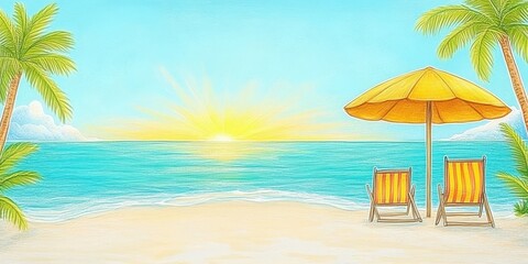 Tropical beach sunset summer relaxation illustration. Summer sea paradise, bright tropical coast. Vacation umbrella, sand, chair, nature art, leisure, tranquil resort, decorative poster, peaceful