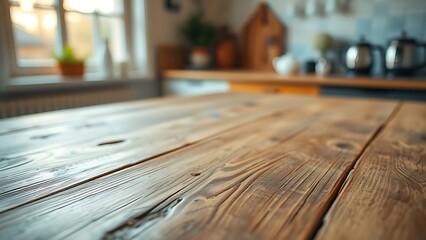 Rustic wooden table with natural grain texture, reflecting morning light from a kitchen window.