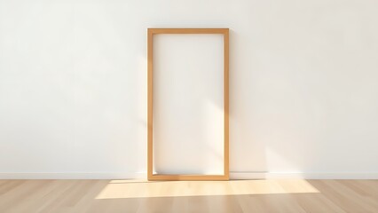Minimalist wooden frame on a wooden floor against a white wall with soft shadow details.