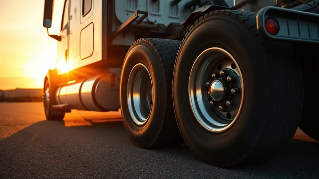 semi-truck's rear wheels and chassis at sunset

