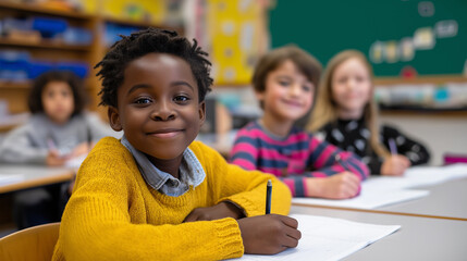 Group of diverse children sitting together at a classroom table, engaged in conversation or learning activity.