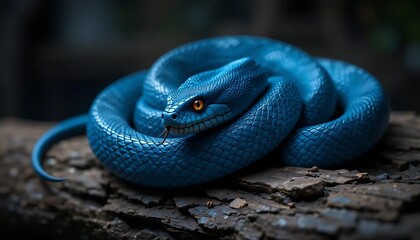 Fototapeta premium Coiled blue snake with amber eyes resting on rough bark in a dark environment