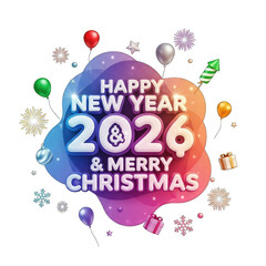 Naklejka premium Happy New Year 2026 and Merry Christmas Celebration on Transparent Background