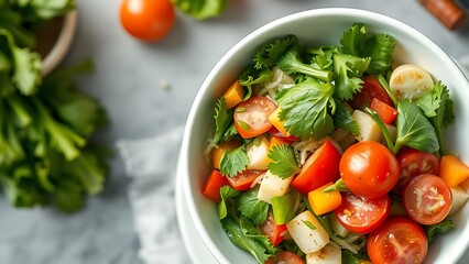 Fresh vegetable salad in a white bowl, captured from above with natural lighting and a clean kitchen backdrop.