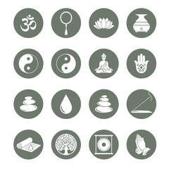 Collection of yoga and meditation symbols in circles on a white background.