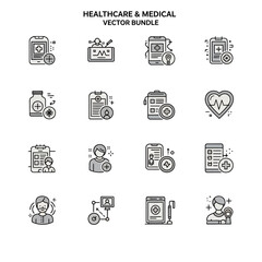 Modern healthcare icons represent medical data, patient care, research, and digital health solutions.