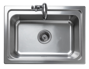 Modern Stainless Steel Kitchen Sink with Chrome Tap, top view, isolated on transparent background