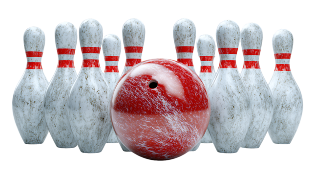 Ten bowling pins and ball isolated on transparent background