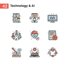 Modern AI technology icons representing business, data analysis, teamwork, and innovation.