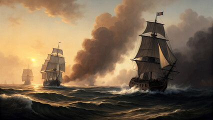 Naval Battle Scene Silhouetted Ships in Smoke and Fog