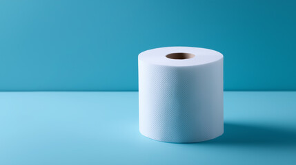 Single roll of toilet paper unrolling on a blue background with soft lighting.