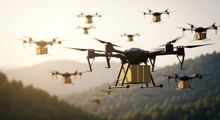 Fleet of delivery drones flying over forest logistics
