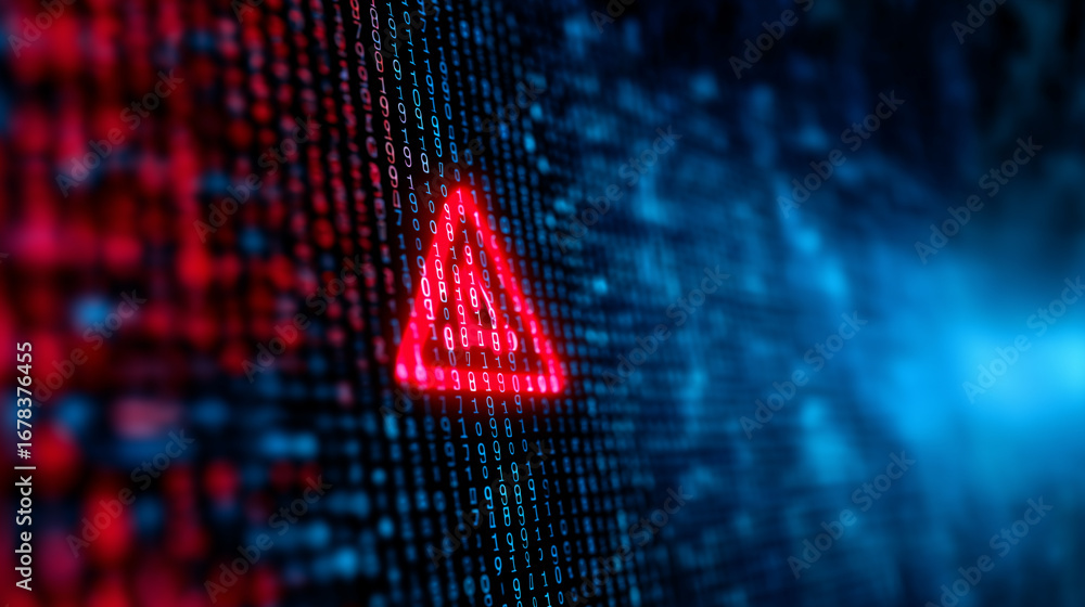 Poster red digital warning symbol displayed on a futuristic screen, indicating a cybersecurity threat or sy