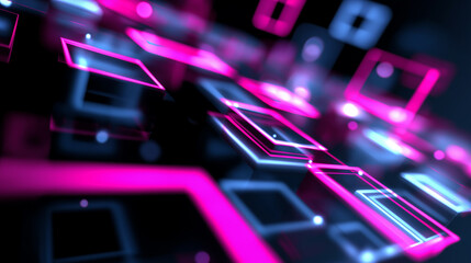Glowing pink and blue squares forming an abstract digital pattern on a dark background.