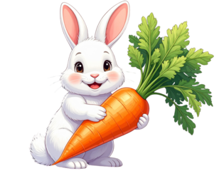 Cute Easter Bunny Holding Big Carrot, cartoon style, isolated on transparent background