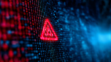 Red digital warning symbol displayed on a futuristic screen, indicating a cybersecurity threat or system error.