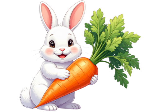 Cute Easter Bunny Holding Big Carrot, cartoon style, isolated on transparent background - Powered by Adobe