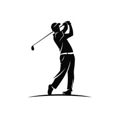 Silhouette of a golfer in mid-swing, capturing the dynamic motion of the sport against a clean white background.