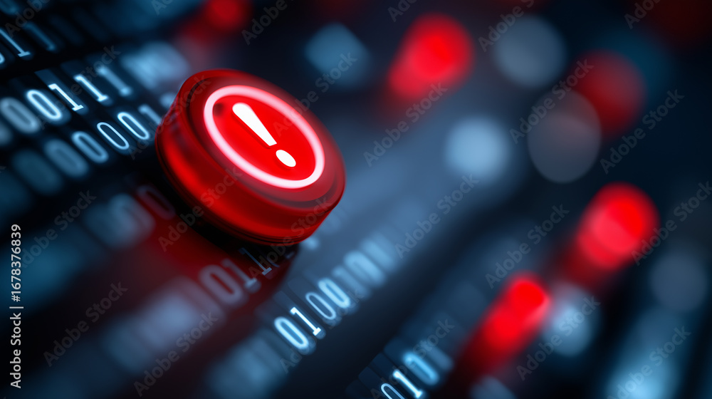 Poster red exclamation mark button among binary code indicating system error or critical alert.