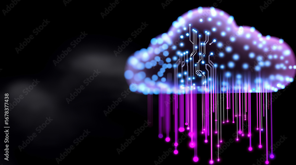 Poster digital cloud icon with glowing circuits and neon data streams on a black background.