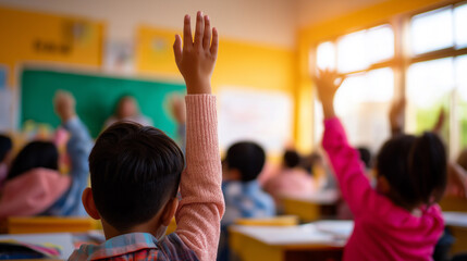 Children raising their hands in a classroom while a teacher stands in front of the chalkboard.