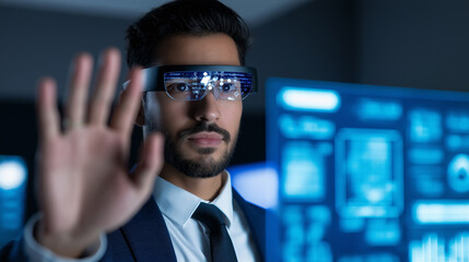 Businessman using augmented reality smart glasses and virtual interface in a futuristic office.