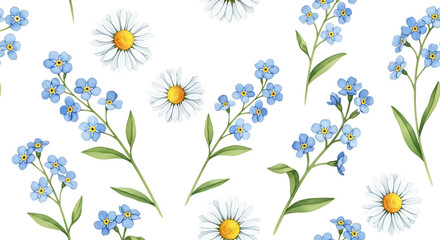 Watercolor forgetmenots and daisies isolated on transparent background
