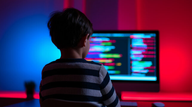Young boy sitting in front of a computer screen with colorful programming code in a dark room.