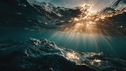 Underwater sunbeams pierce dark ocean waves