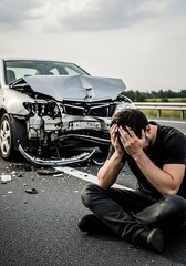 Distraught man sits by wrecked car on roadside after accident