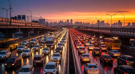 Traffic jam on a city highway at sunset with illuminated cars and skyline view