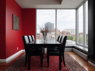 A modern dining room with dramatic red walls, a large window overlooking a city, and black leather chairs.
