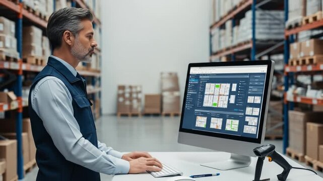 Warehouse worker manages inventory using a computer program.